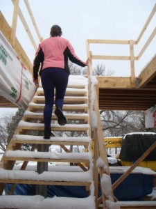 walking up open stairway